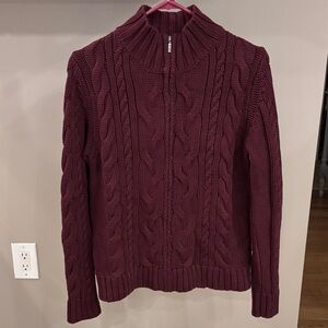 L.L. Bean Cable-Knit Zip Turtleneck Sweater - Deep Wine